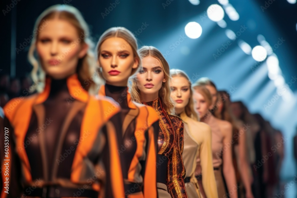 Top models at the fashion show. Background with selective focus. AI generated, human enhanced Top models at the fashion show. Background with selective focus. AI generated, human enhanced