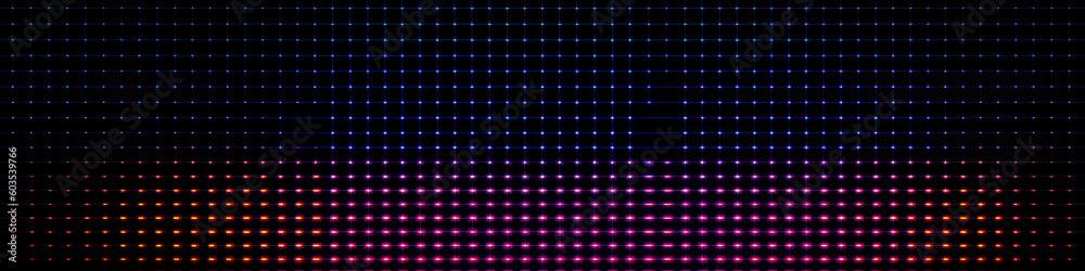 Neon dot matrix panorama background with vibrant mint green and magenta digital sparkles on black, generative AI panoramic banner