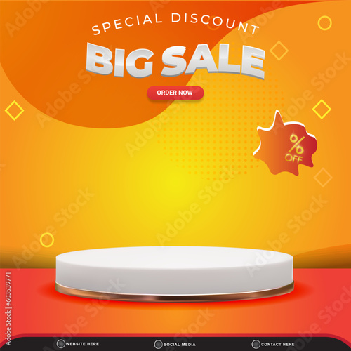 special discount big sale square background for social media post with copy space 3d podium for product sale with abstract gradient orange and yellow design