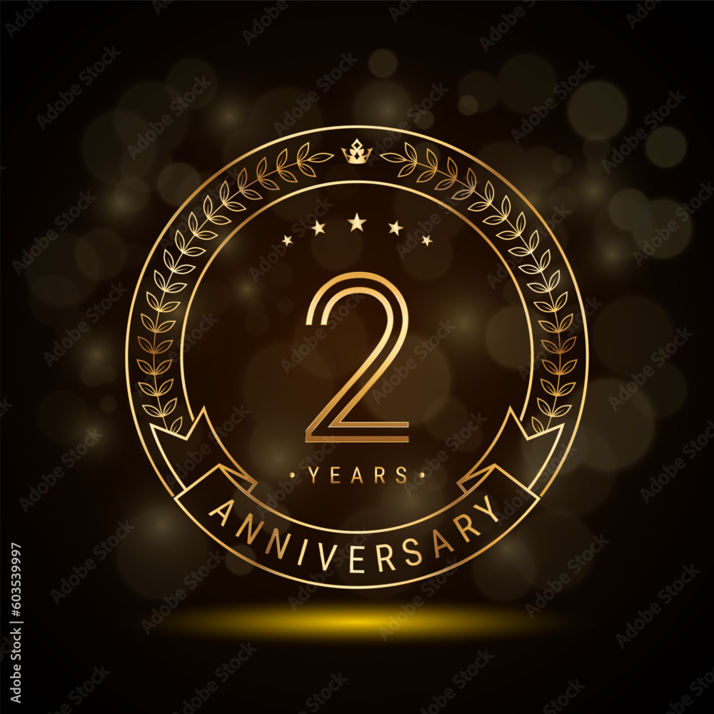 Fototapeta premium 2nd anniversary logo with golden laurel wreath and double line numbers, template design for anniversary celebration event, double line style vector design