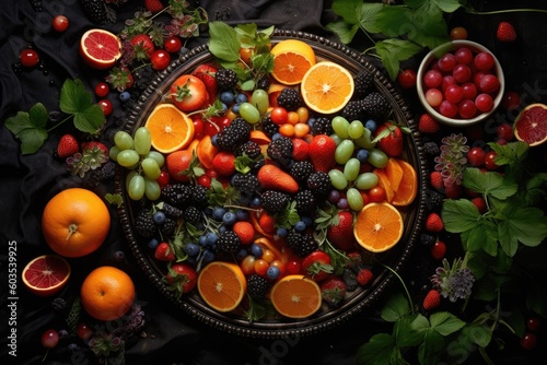 Assorted fresh fruits and berries on black background. Top view. Created with Generative AI tools