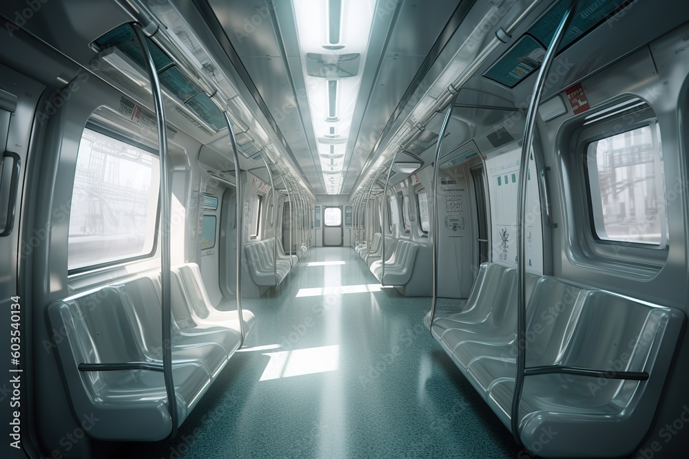 Empty interior of modern subway train. Ai Empty interior of modern subway train. Ai