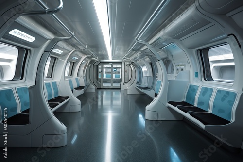 Empty interior of modern subway train. Ai