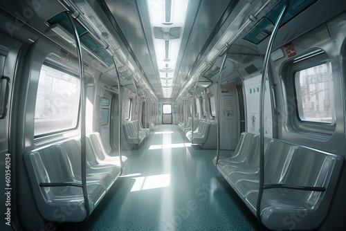 Empty interior of modern subway train. Ai