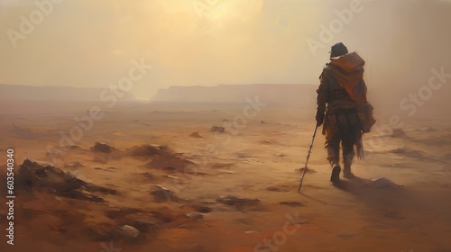 an extinct world. a solitary wanderer wandering the wasteland. concept art for game. generative AI