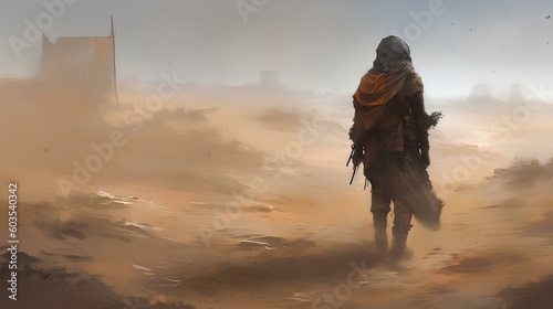 an extinct world. a solitary wanderer wandering the wasteland. concept art for game. generative AI photo