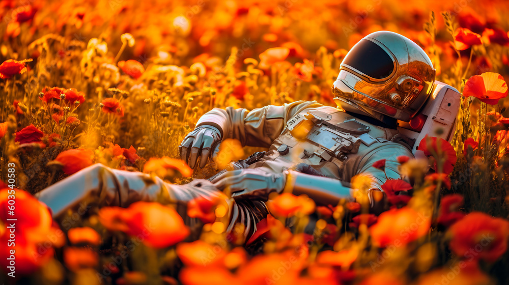 an astronaut in a spacesuit lies in a poppy field in the sunset rays, generative ai