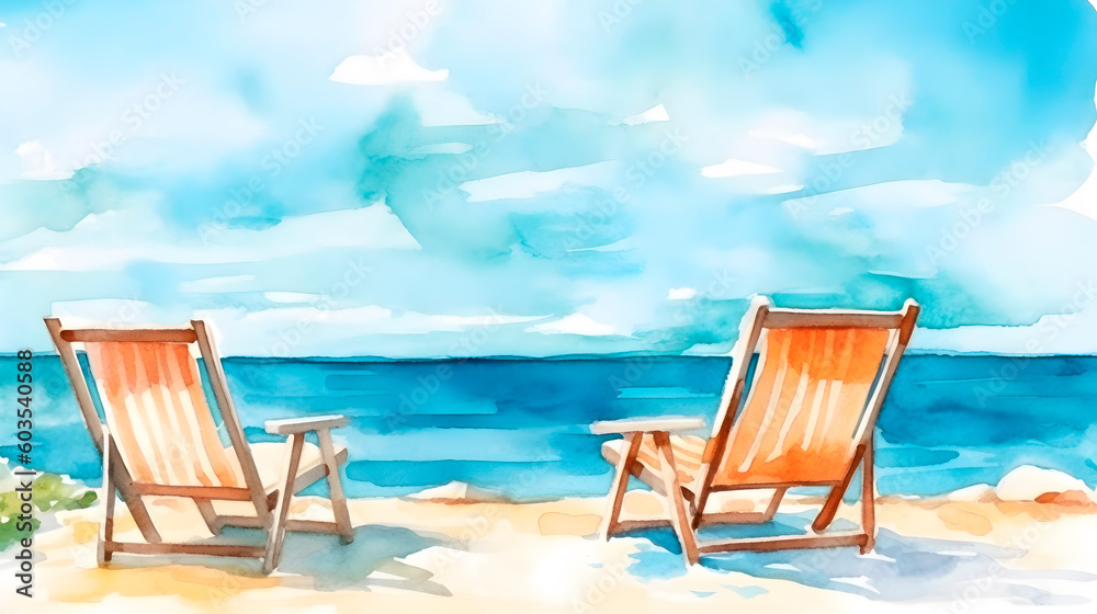 lounge chairs on the beach, watercolor summer background with space for text, Generative AI, 