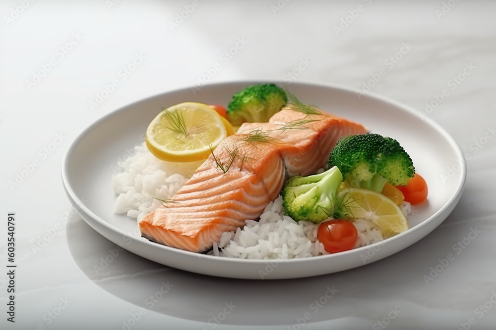 A white plate topped with rice, broccoli and salmon. Generative AI. A white plate topped with rice, broccoli and salmon. Generative AI.
