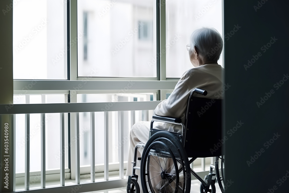Lonely senior citizen woman in wheelchair in a nursing home. Generative AI. Lonely senior citizen woman in wheelchair in a nursing home. Generative AI.