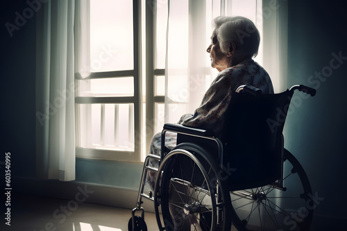 Lonely senior citizen woman in wheelchair in a nursing home. Generative AI.