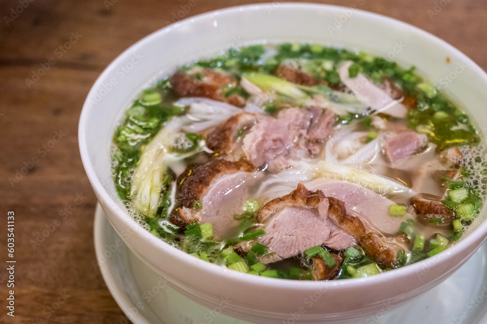 Vietnamese pho with duck with crispy skin, green onions and herbs Vietnamese pho with duck with crispy skin, green onions and herbs
