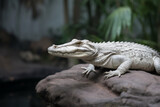 a white alligator is sunbathing