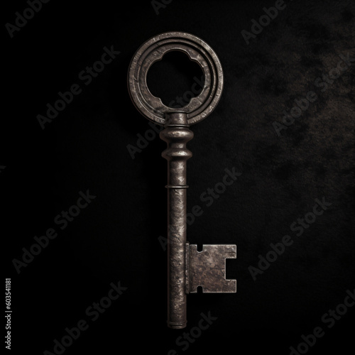 An old antique metal key on a black background Generative Ai photo