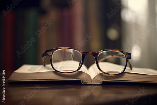 A pair of glasses resting on an open book Generative Ai