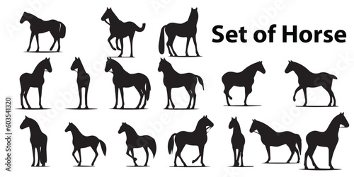 A set of silhouettes of horses and a black-and-white background.