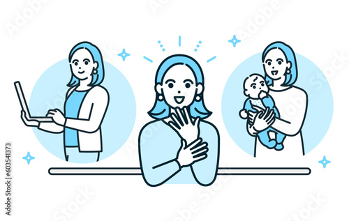 ワークライフバランスが取れていて仕事も家庭も充実している女性のイラスト素材。