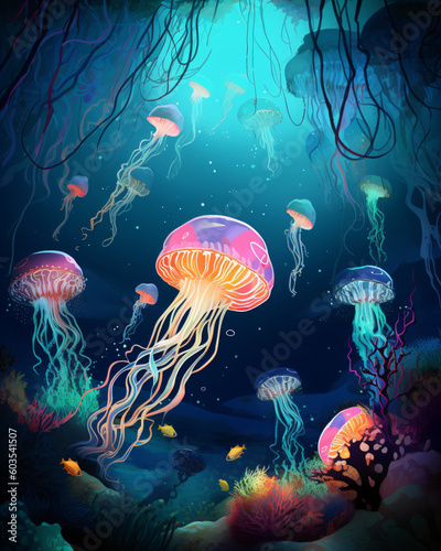 A group of jellyfish floating in the ocean vector style illustration Generative Ai
