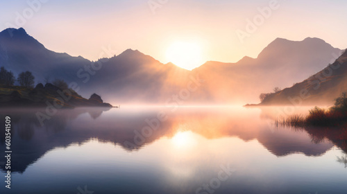 A lake with mountains in the background at sunset Generative Ai © Eduardo
