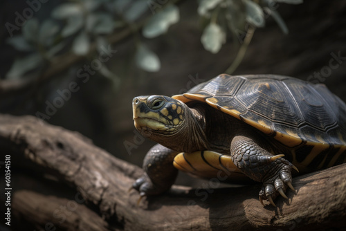 a turtle on a tree trunk