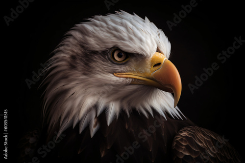 A close up of a bald eagle isolated on a black background Generative Ai