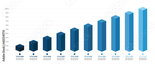 Blue gradient slim chart bars template, 10% to 100% number text. Flat design interface illustration inforchart infographic elements for app ui ux web banner button vector isolated on white background