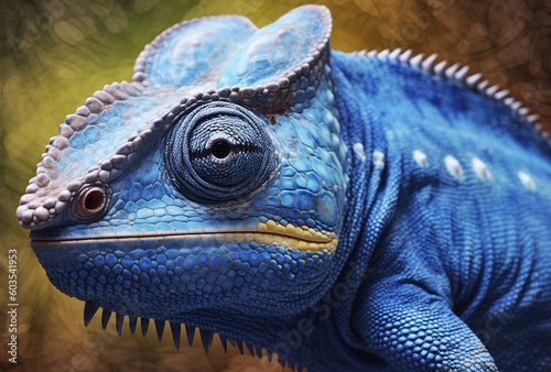 Blue chameleon, close up view. Generative AI. photo