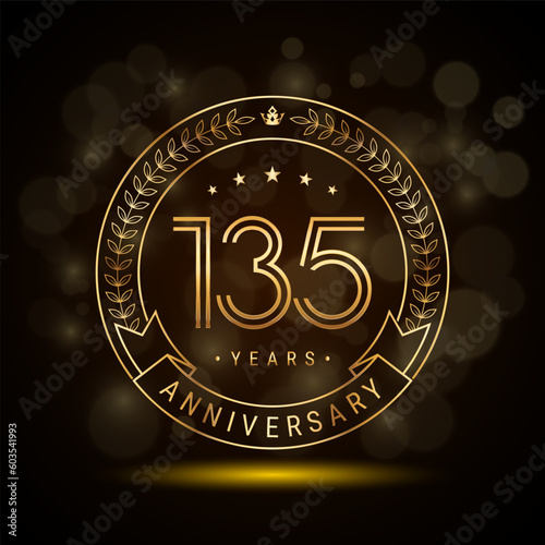 135th anniversary logo with golden laurel wreath and double line numbers, template design for anniversary celebration event, double line style vector design photo