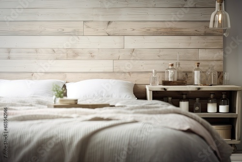 Over a fuzzy bedroom with a double soft bed, a wooden wall panel, and country provencal white interior architecture, a wooden table top or shelf with fragrant sticks bottles is seen. Generative AI