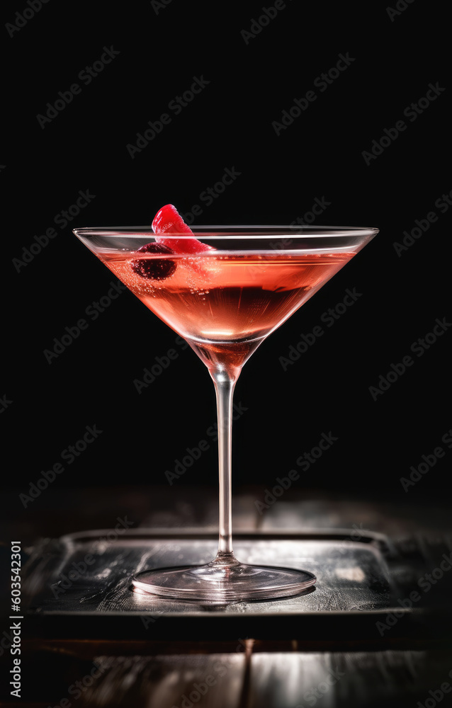 Elegent red cosmopolitan drink on a dark wood tray created with Generative AI technology
