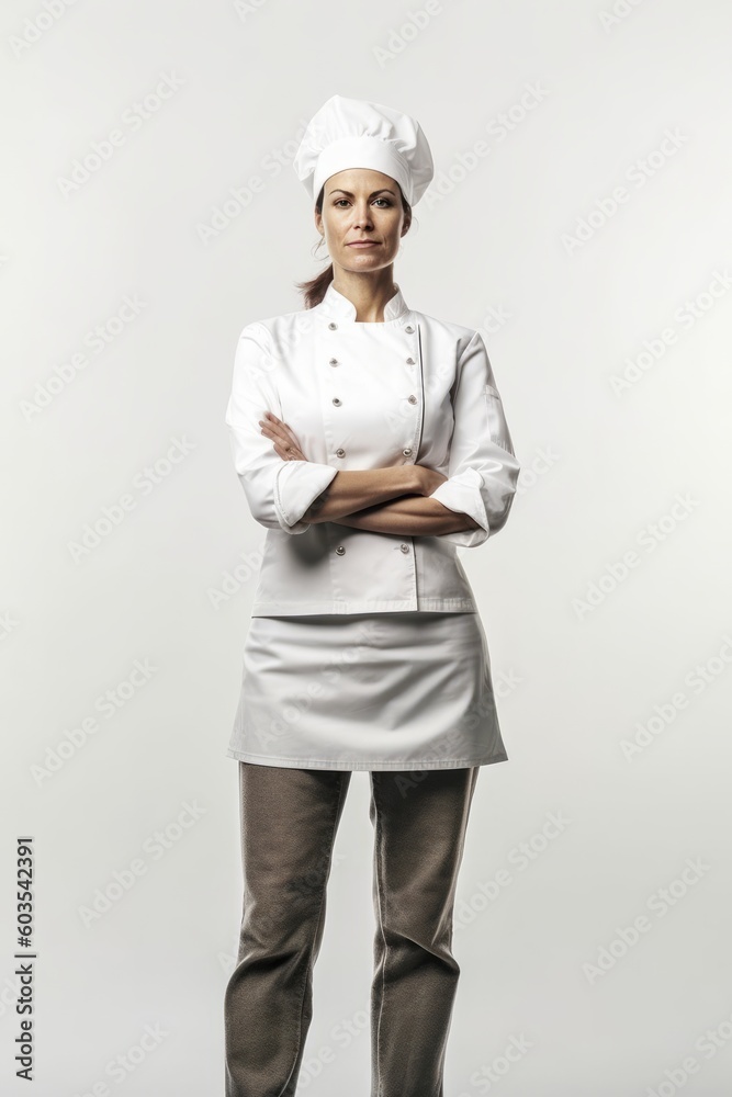 Fictional Caucasian Female Chef in her uniform against a white background - Created with Generative AI Technology Fictional Caucasian Female Chef in her uniform against a white background - Created with Generative AI Technology