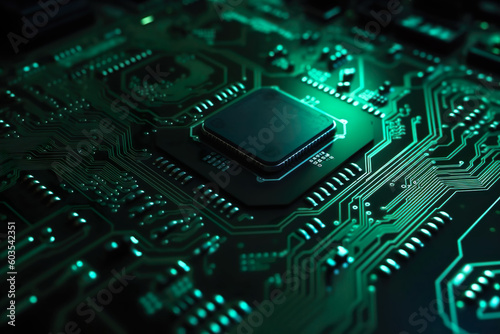 Green electronic circuit board, technology concept, IA generativa