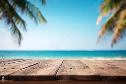 Paradisiacal beach with empty wooden table in front of it, IA generativa
