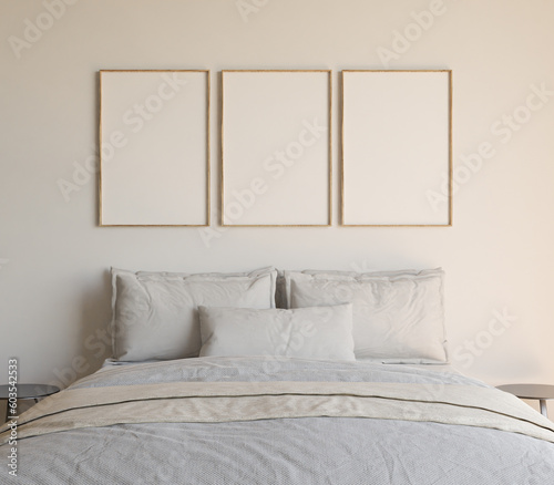 Set of 3 wooden thin frame mockups, 3 frames on the wall in the bedroom, empty poster mockup design.