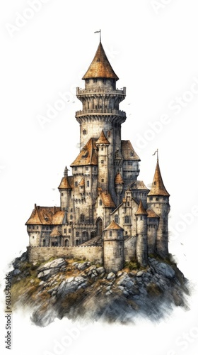 A medieval fantasy castle in an illustrated hand-drawn style, children's story book image, fairy tales, isolated on white, generative ai 
