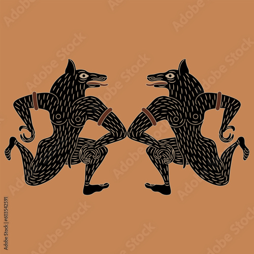 Symmetrical animal design with two fantastic wolf men. Ancient Etruscan vase painting motif.