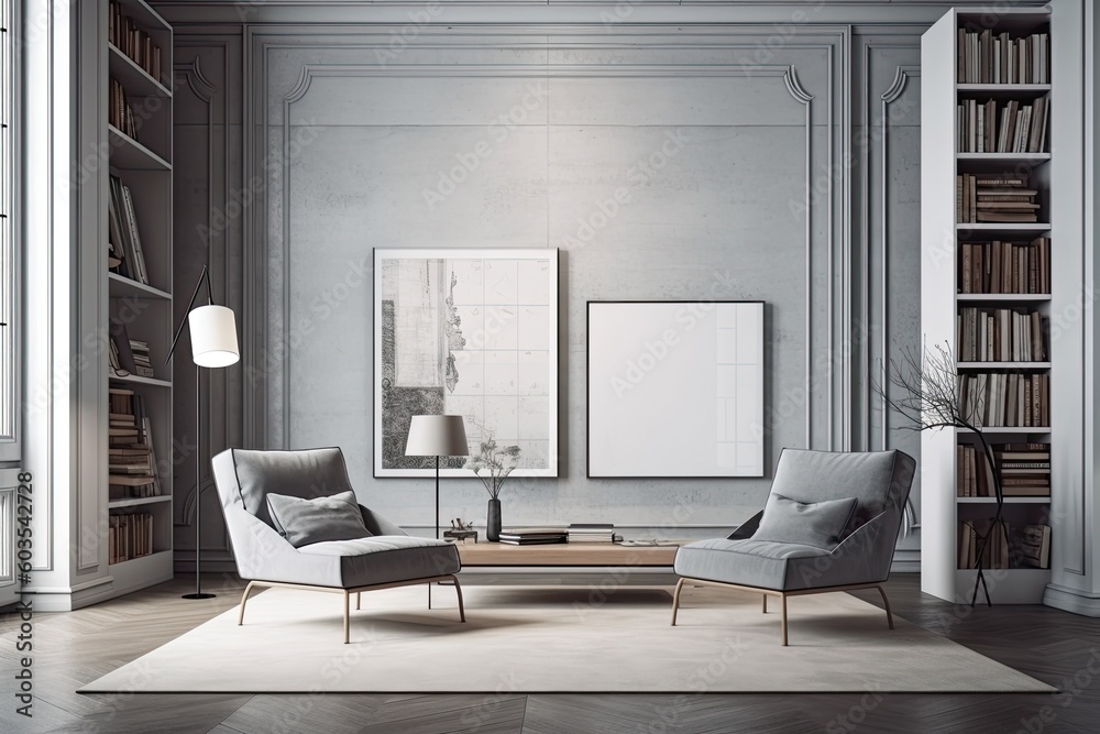 On the internal wall of the living room, a mock up empty frame poster depicts a library and two chairs. The idea of reading. Generative AI On the internal wall of the living room, a mock up empty frame poster depicts a library and two chairs. The idea of reading. Generative AI
