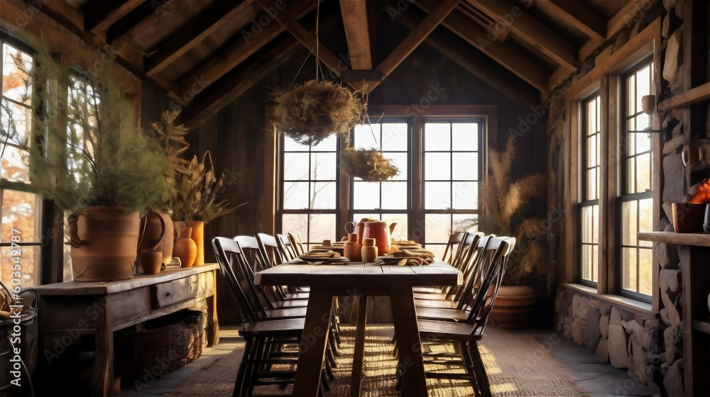Fototapeta premium Generative AI, Rustic Dining Room Design Inspired by Nature