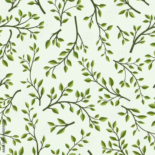 Vector Seamless Pattern with Tree Brunches. Flat Cartoon Twig with Green Leaves on White Background. Spring, Summer Design - Leaves, Brunches, Plants, Herbs. Vector Illustration © gomolach