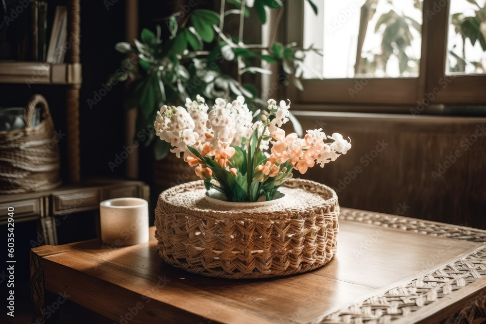 On the table are some flowers in a rattan container. selective attention. Generative AI
