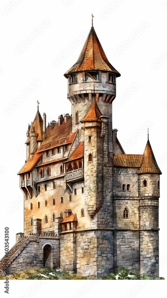A medieval fantasy castle in an illustrated hand-drawn style, children's story book image, fairy tales, isolated on white, generative ai
