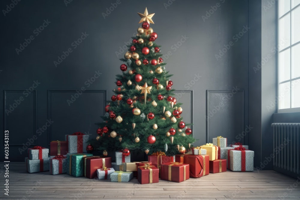 On Christmas Eve, a large, merry Christmas tree stands in the retail center and is decked with balls and toys. There are several boxes under the tree, each one filled with gifts. Generative AI