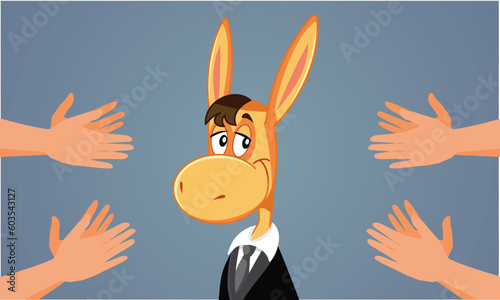 Donkey Wearing Business Suit Being Applauded by People Vector Cartoon. Co-workers praising mule businessman on successful career path 
