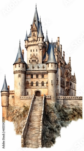 Wallpaper Mural A medieval fantasy castle in an illustrated hand-drawn style, children's story book image, fairy tales, isolated on white, generative ai
 Torontodigital.ca