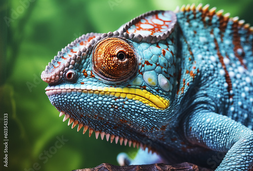 Colored chameleon  close up view. Generative AI.