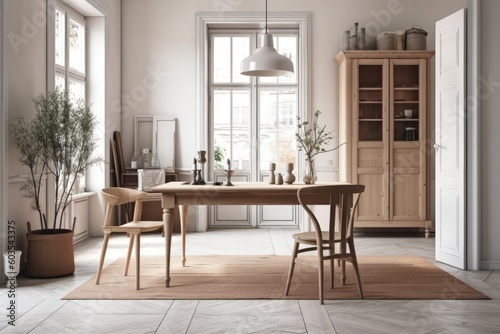 Old  vintage room with lovely white doors  light colored wooden furniture  and a table and chairs on a carpet. Scandinavian minimalism is elegant. Generative AI