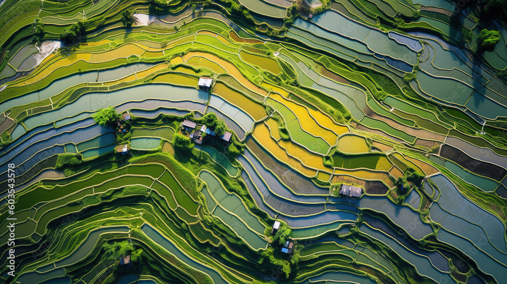 Aerial view of green rice paddy field farming cultivation in ...