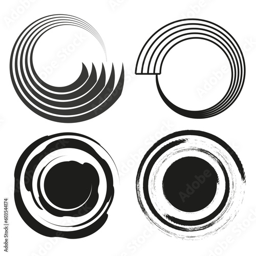 Spiral, swirl, twirl. Volute, helix, eddy and vortex shape. Radial lines with rotation. Vector illustration.