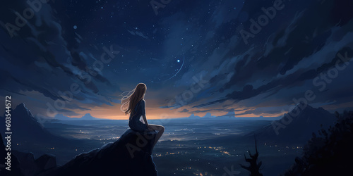 anime girl starry night night sky  in the style of realistic yet stylized  generative AI
