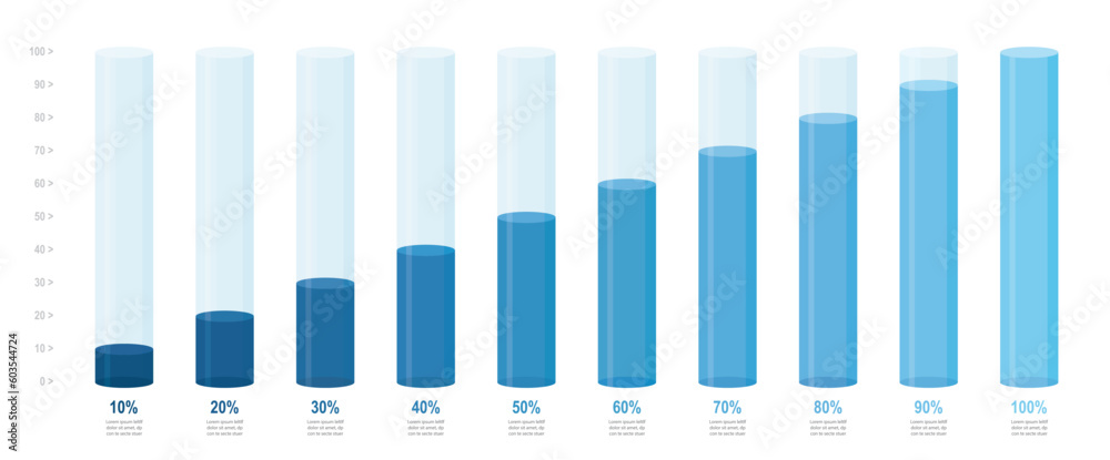 Round blue gradient slim chart bars template, clear 10%-100% infograph ...